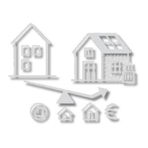 a group of houses with icons on a black background