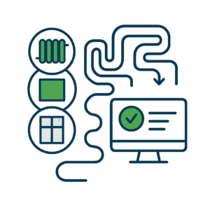 a computer with a check mark and a computer with a green arrow